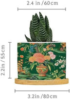 Vase Green Chinoiserie Planter Ceramic Daily Round Plant Pots with Drainage Holes and Bamboo Tray Pot for Home Desktop Office Windowsill - Image 2