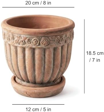 8" Rustic Weathered Terracotta Plant Pot with Saucer, Embossed Rose Pattern Planter with Drainage Hole, Vintage Flower Pot - Image 3