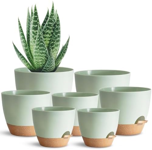 Self Watering Plant Pot with Drainage Hole,Plant Pots Outdoor Flower Pots for Indoor Plants,Modern Green Plastic Self Watering Planters Succulent Pot 7pcs/Set by SESUN-E