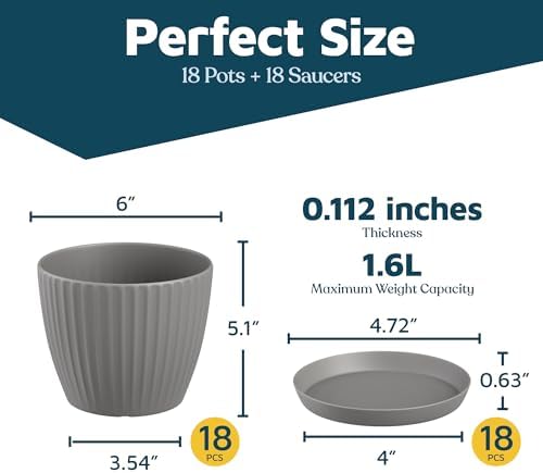 Gray 6-Inch Plant Pots with Drainage & Saucers 18 Pack, Indoor & Outdoor Planters for Houseplants, Herbs, and Flowers, Durable & Weatherproof Material, Stackable, Lightweight, Minimalist Design - Image 2