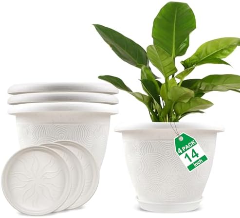 Plastic Flower Pots Planters For Indoor Plants, 4 Pack 14 Inch White Plant Pots With Drainage Hole & Tray, Modern Decorative Large Plant Pot With Saucer For Indoor Outdoor Plants Garden House Planter by Fodetyff