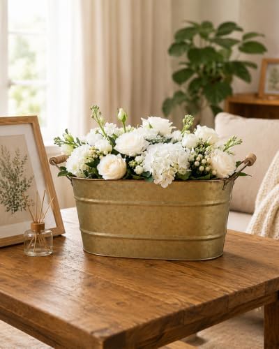 3 Pack 15 Inch Oval Planters with Handles, Antique Brass Galvanized Finish - Image 4