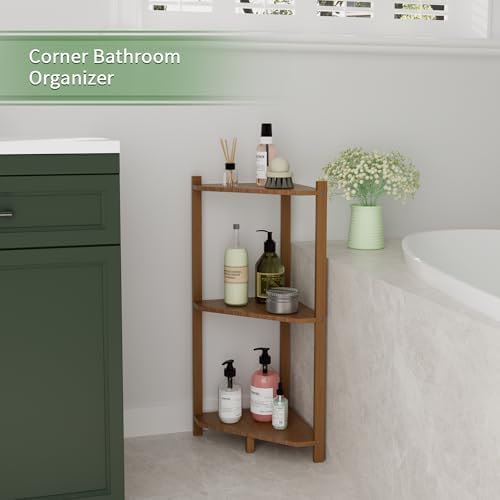 Wisuce Bamboo Small Corner Shelf Stand, 3-Tier Brown Corner Bookshelf - Image 4