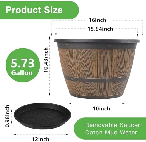 16-inch-Plant-Pots-Indoor-Outdoor, 4 Pack Large Whiskey Barrel Planters with Drainage Holes & Saucer, Plastic Flower Pots Imitation Wine Barrel Design, Decorative Garden Pots for Plants - Image 3