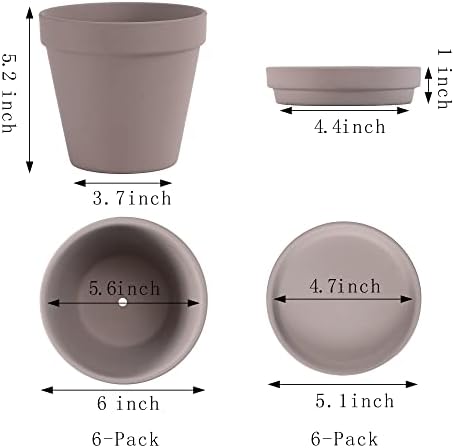 Yishang Large Terra Cotta Pots with Saucer- 6 Pack Large 6'' Terra Cotta Plant Pot with Drainage Hole, Flower Pot with Tray, Terracotta Pot for Indoor Outdoor Plant(Grey) - Image 2