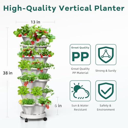 7 Tiered Strawberry Vertical Planters, 2 Pack Stacking Tower Garden with Support Pole, Stackable Herb Vegetable Planters Indoor Outdoor White - Image 4