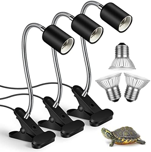 3 Set Reptile Heat Lamp UVA/UVB Turtle Heat Lamp Holder Fixture Clamp Basking Spot Adjustable 50w Full Spectrum Sun Sunbathe Bulb for Turtle Lizard Bearded Dragon Snake Aquarium Amphibian(Black) by Hortsun