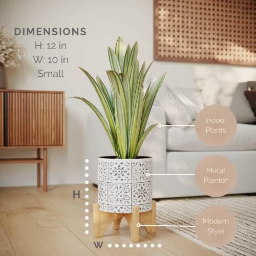 EverNest Tristan Boho Chic White and Black Embellished Patterned Modern Planter, Bohemian Style, Planter with Arch Wood Stand, Indoor Home Decor Plant Holder (Small, 1 Gallon) - Image 2