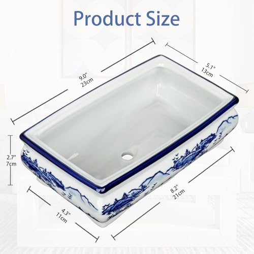 Villa Como 9" Large Blue and White Ceramic Bonsai Pot with Drainage Hole - Image 2