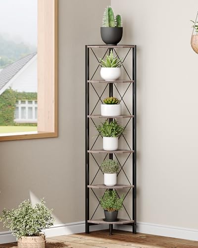 CHOEZON 6-Tier Corner Shelf, Corner Bookcase, 66.9" Tall Vertical Display Rack, Plant Stand, Open Storage Shelf, for Living Room, Bedroom, Study, Kitchen, Greige and Black TCJ13BG - Image 5