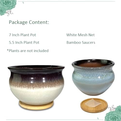 Terrecotta Succulent Pots Round 7 and 5.5 Inch Ceramic Plant Pot for Indoor Plants with Drainage Hole and Saucer Set of 2 (White and Blue) - Image 3