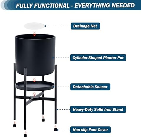 D'vine Dev Plastic Planter Pot with Metal Stand, Black, 8 in, 55-D-B-1 - Image 4