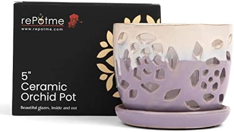rePotme Orchid Pot - 5 inch Floral Cutout Ceramic Orchid Pot with Holes (Cream Over Lavender) - Includes 5 inch Slotted Pot Liner - Image 2
