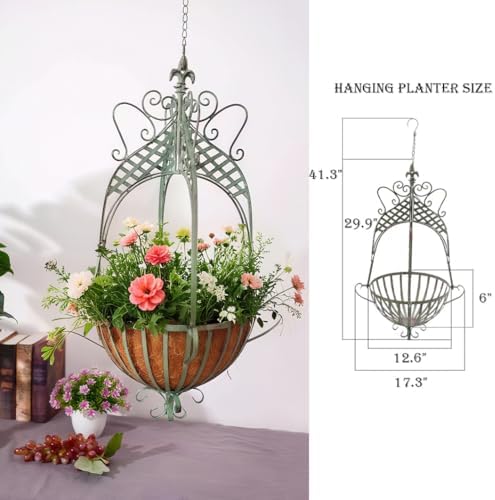 Large Hanging Planter for Outdoor Indoor Plants, 12.6-Inch Rustic Metal Hanging Basket for Farmhouse, Patio,Porch,Deck, or Garden, Green - Image 2