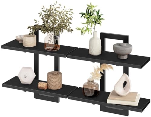 HOOBRO Floating Shelves, 15 Inch Wall Shelf Set of 2, Wall Mounted Storage Shelves 2-Tier, Hanging Bathroom Shelves, for Living Room, Bedroom, Bathroom, Kitchen, Black BK32BJ01 by HOOBRO