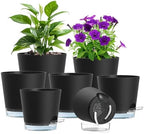Meowell Self Watering Pots Set of 7 – Assorted Size 4" to 8" Indoor Plant Pots with Drainage Holes and Clear Reservoir for Visible Water Level, Plastic Wicking Planter for House Plants & Flower, Black by Meowell