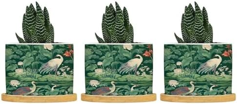 Garden Green Planter Ceramic Pink Peony Pond Geese Round Flower Pot with Drainage Holes and Bamboo Tray Pot for Pots Outdoor Indoor Plants by BRUYU5SE