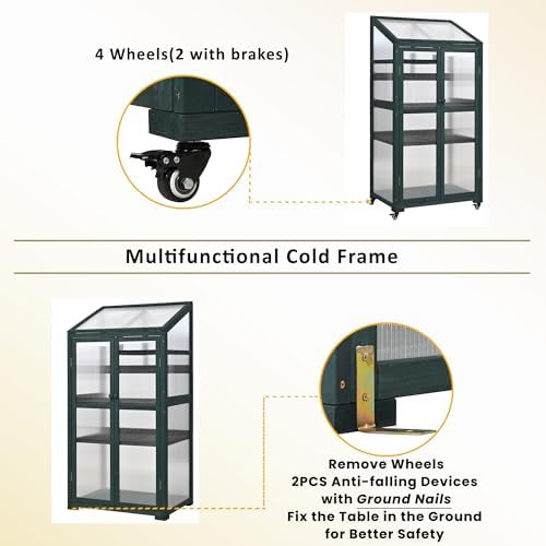 Knocbel 62" Height Portable Wooden Cold Frame Greenhouse with Wheels, Openable Roof and Adjustable Shelves, Flower Plants Shelf for Balcony Outdoor Indoor Backyard (Forest Green) - Image 4