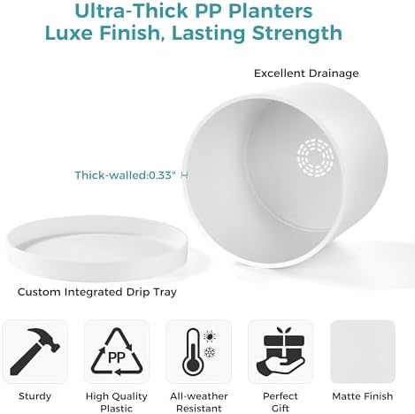 FaithLand 12-Inch Large Modern Cylinder Planter, Thick-Walled Plastic Plant Pot with Drainage Holes and Detachable Saucer, Matte White, Ideal for Indoor & Outdoor Plants Flowers - Image 2