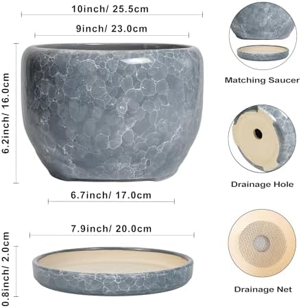 SQOWL Ceramic Pot for Plants - 10 Inch Plant Pot Indoor with Drainage Hole and Saucer, Round Ceramic Planter, Decorative Large Flower Pot Outdoor, Home Office Room Decor, Garden Gifts, Gray - Image 3