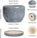 SQOWL Ceramic Pot for Plants - 10 Inch Plant Pot Indoor with Drainage Hole and Saucer, Round Ceramic Planter, Decorative Large Flower Pot Outdoor, Home Office Room Decor, Garden Gifts, Gray - Image 3