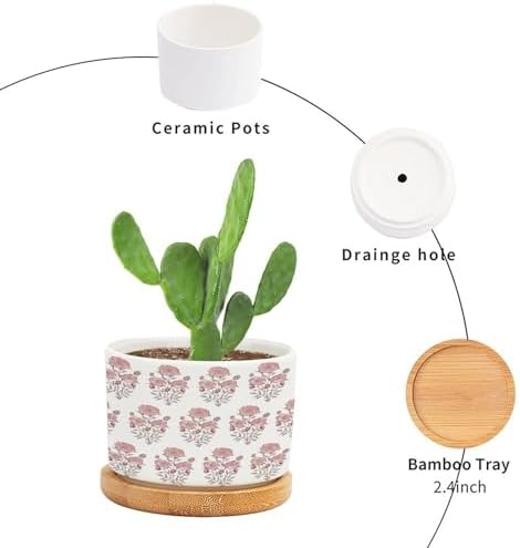 Mughal Flower Ceramic Planters Pink Flower Planters for Indoor Plants with Drainage Holes and Saucers Pot for Indoor Outdoor Garden - Image 3