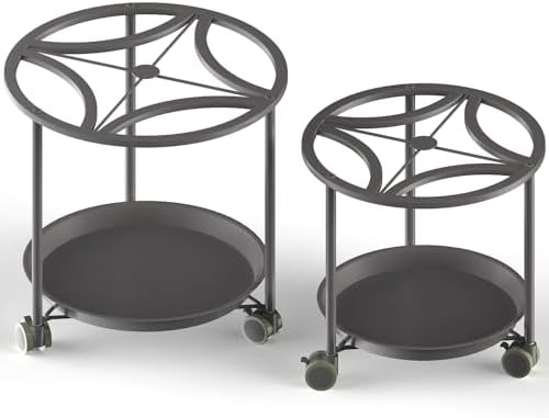 TOSKING 2-Pack Black Round Rolling Plant Caddies with Water Tray – Metal Stands with Wheels, Geometric Pattern, for Indoor Planters (13" & 11") by TOSKINGESSENCE