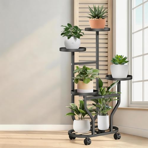 5 Tier Plant Stand, Metal Plant Shelf Indoor Outdoor,Tall Corner Multiple Plants Shelf for Garden Balcony Patio Living Room, Tiered Corner Rack Flower Stands with Wheels by maebeacae