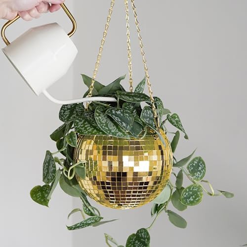 Bubblegum Stuff - Gold Disco Ball Hanging Planter for Indoor Plants - 8 Inch Basket With Chain, Rim, Herb Planter - Boho Decor Plant Pots for Room Decor - Image 5