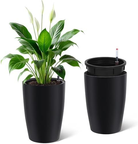 Self-Watering Tall Planter Set – 2 Large 16" & 22" Black Plastic Flower Pots with Drainage, Water Level Gauge – Indoor Outdoor Use, Patio, Porch, Balcony, Garden, Home Office by Unknown