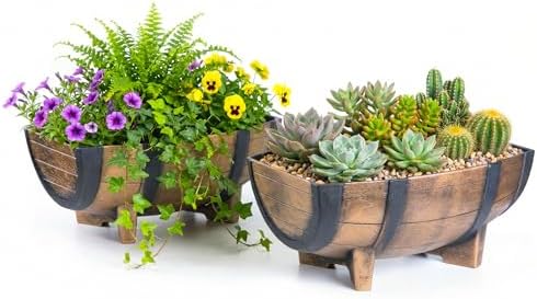 Gardenised 2-Piece Rectangular Half Barrel Flower Pots Rustic Farmhouse Style Faux Wood Planter Containers for Indoor & Outdoor Use Perfect for Displaying Decorative Garden Florals Herbs & Succulents by Gardenised