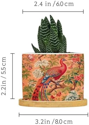 Blush Chinoiserie Bird Planter Ceramic Hydrangea Peacock in Coral Round Plant Pots with Drainage Holes and Bamboo Tray Pot for Home Desktop Office Windowsill - Image 2