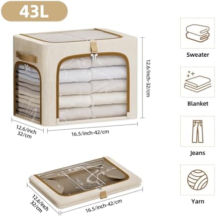 CYhom Storage Bins with Metal Frame, 3-Clear Windows Openings, 43L, Beige - Image 7