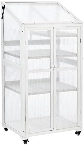 Knocbel 62" Height Portable Wooden Cold Frame Greenhouse with Wheels, Openable Roof and Adjustable Shelves, Flower Plants Shelf for Balcony Outdoor Indoor Backyard (White) - Image 2