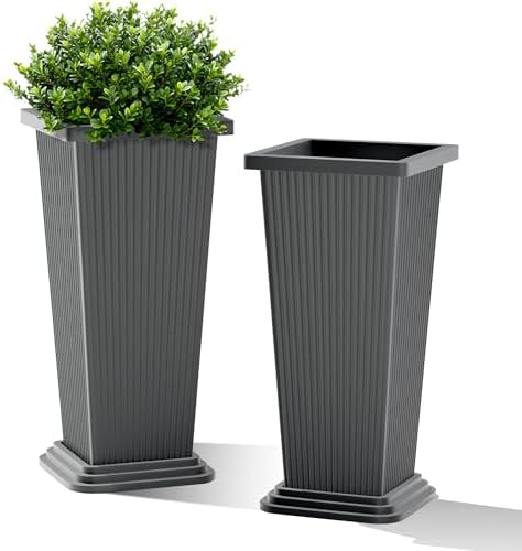 FENCY Set of 2 Tall Planters for Outdoor Plants, Gray Ribbed by FENCY