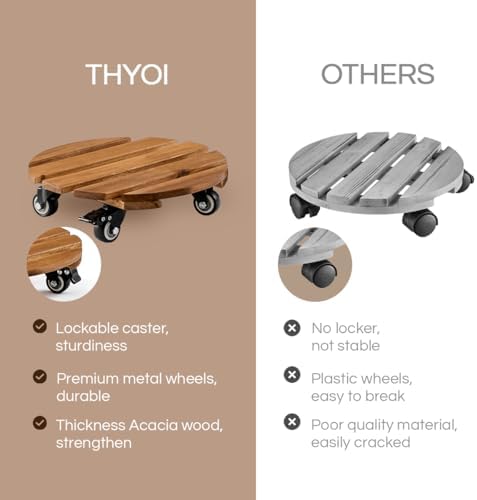 THYOI 2 Pack 12" Acacia Wood Plant Caddy with Lockable 360° Caster Wheels, 300 LB Heavy Duty Rolling Stand for Indoor Outdoor Planter Pots, Wooden Dolly for Patio (Golden Teak, Round) - Image 4