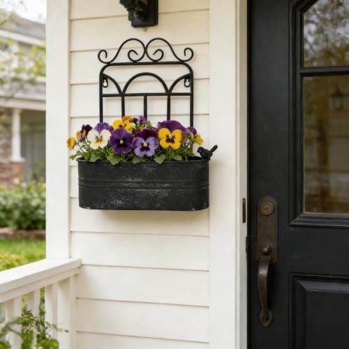 Rustic Metal Wall Planter Country Garden Wall Hanging Mount Vase Pocket Outdoor Vintage Hanging Pot Farmhouse Wall Decor for Plants Flowers (Black) - Image 2