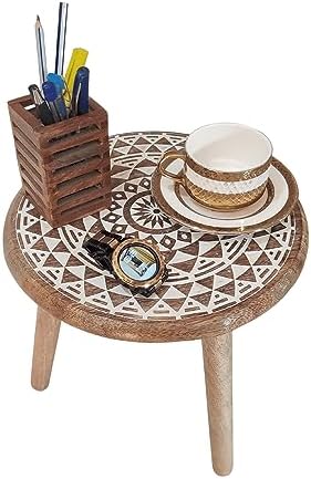 VANIYA CRAFTS® Wooden Engraved Fold-able Round End Table/Side Table/Plant Stand/Stool for Living Room Bedroom Restaurant Kids Play Furniture Table Round Shape (Natural White 5) - Image 2