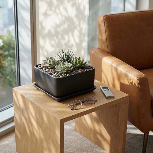 MyGift Black Ceramic Square Indoor Planter with Drainage Hole & Tray - Image 2