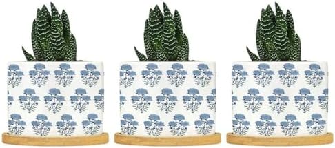 Mughal Flower Planters Ceramic Blue Flower Round Flower Pot with Drainage Holes and Bamboo Tray Pot for Home Office Decoration by BRUYU5SE