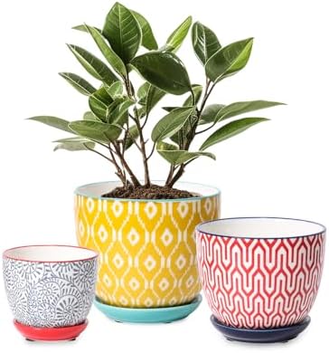 Selamica Ceramic Plant Pots, Indoor Flower Pots for Indoor Plants, 3.5+4.6+5.5 Planters with Drainage Hole & Saucer, Set of 3, Home Decor, Assorted Colors by Selamica