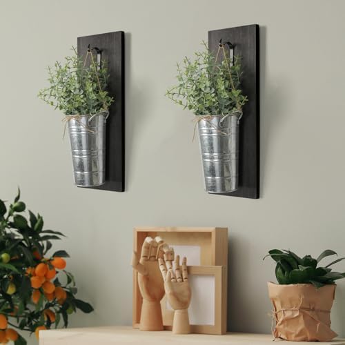 SHOHAYTO Farmhouse Wall Decor Set of 2 - Wood Hanging Planters with Artificial Eucalyptus, Rustic Vertical Pocket Vases for Bathroom Kitchen, Indoor Greenery Decor - Image 5