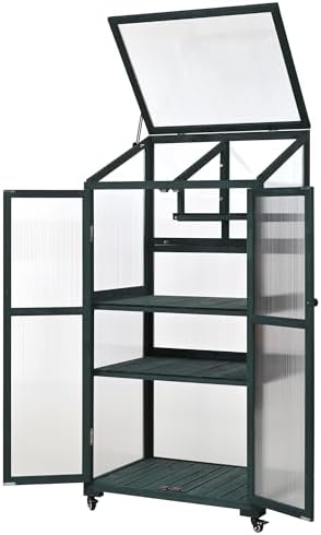 62" Tall Wooden Portable Greenhouse with Wheels, Adjustable Shelves, 3-Tier Cold Frame Plant Cabinet/ Indoor Outdoor Plant Stand, Rolling Mini Greenhouse for Patio, Balcony, Garden (Green) - Image 3