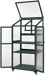 62" Tall Wooden Portable Greenhouse with Wheels, Adjustable Shelves, 3-Tier Cold Frame Plant Cabinet/ Indoor Outdoor Plant Stand, Rolling Mini Greenhouse for Patio, Balcony, Garden (Green) - Image 3
