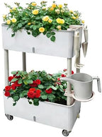 Self-Watering Raised Planter Box with Lockable Wheels,2-Tier Elevated Garden Bed with Visible Water Level Window,Indoor Outdoor Plastic Plant Box for Flowers,Vegetables & Herbs by MNKXL