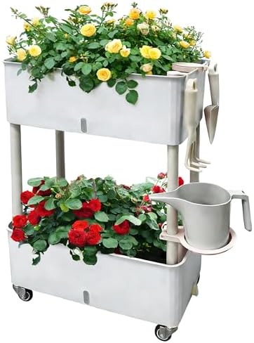 Self-Watering Raised Planter Box with Lockable Wheels,2-Tier Elevated Garden Bed with Visible Water Level Window,Indoor Outdoor Plastic Plant Box for Flowers,Vegetables & Herbs by MNKXL