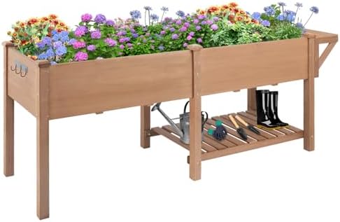 ketive Raised Garden Bed with Legs Outdoor,Elevated Garden Box,Storage Shelf, Protective Liner for Backyard,Patio,Balcony,80x23x30in (Brown) by Ketive