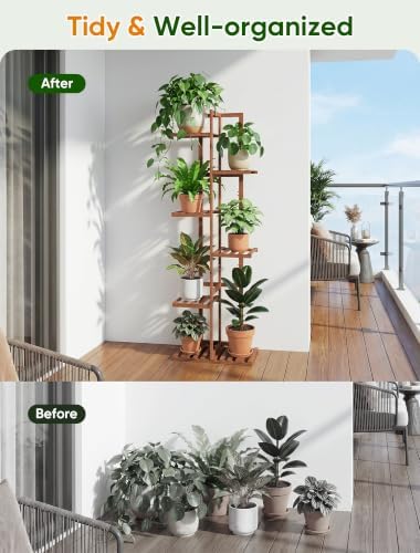 ROSSNY 48 Inch Tall Bamboo Plant Stand for Indoor, 6 Tier 7 Potted, Brown - Image 4