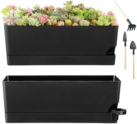 Self Watering Pots for Indoor Plants 17 Inches Window Boxes Planters Rectangular Flower Pots Rectangle Herb Pots Large Plant Pots with Drainage Holes and Saucers Windowsill Planter (2, Black) by KvyusFlourish