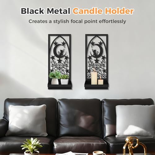 Metal Wall Candle Sconce Set of Two, 15.7 x 7 in Gothic Candle Holder with Foldable Shelf, Moon & Cat Black Metal Wall Art for Living Room Bedroom Hallway, Cat Lovers & Home Decor - Image 4